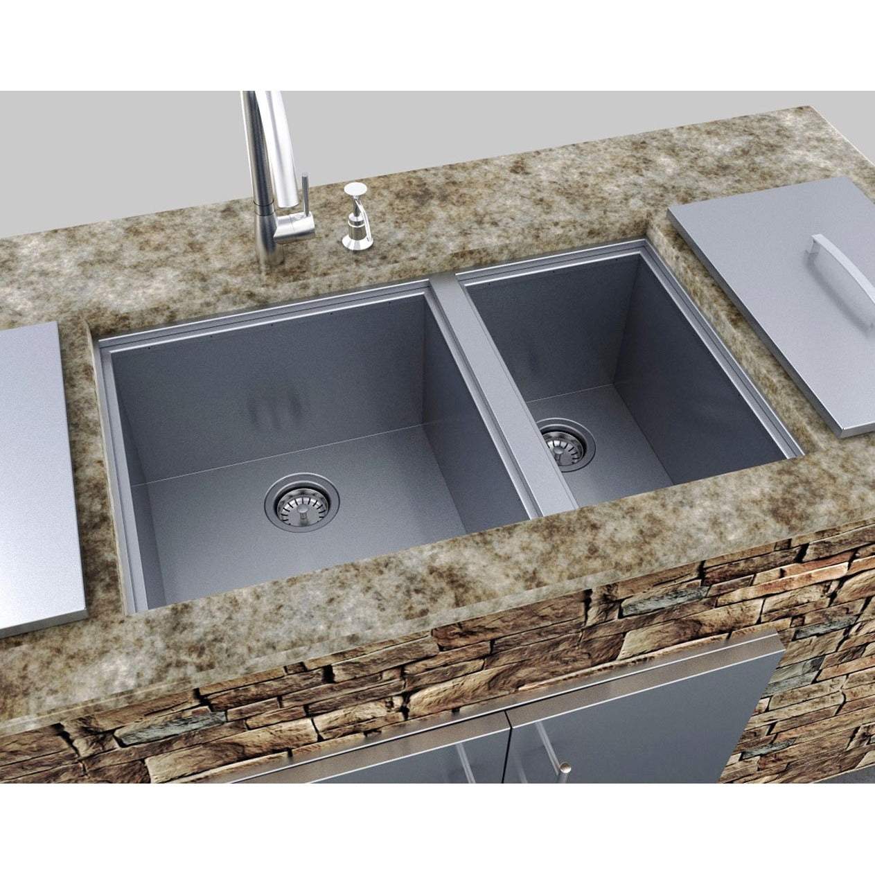 Sunstone B-SK34 Over/Under 34 X 12-Inch Height Double Basin Sink W/2 Covers - Over Counter Installation