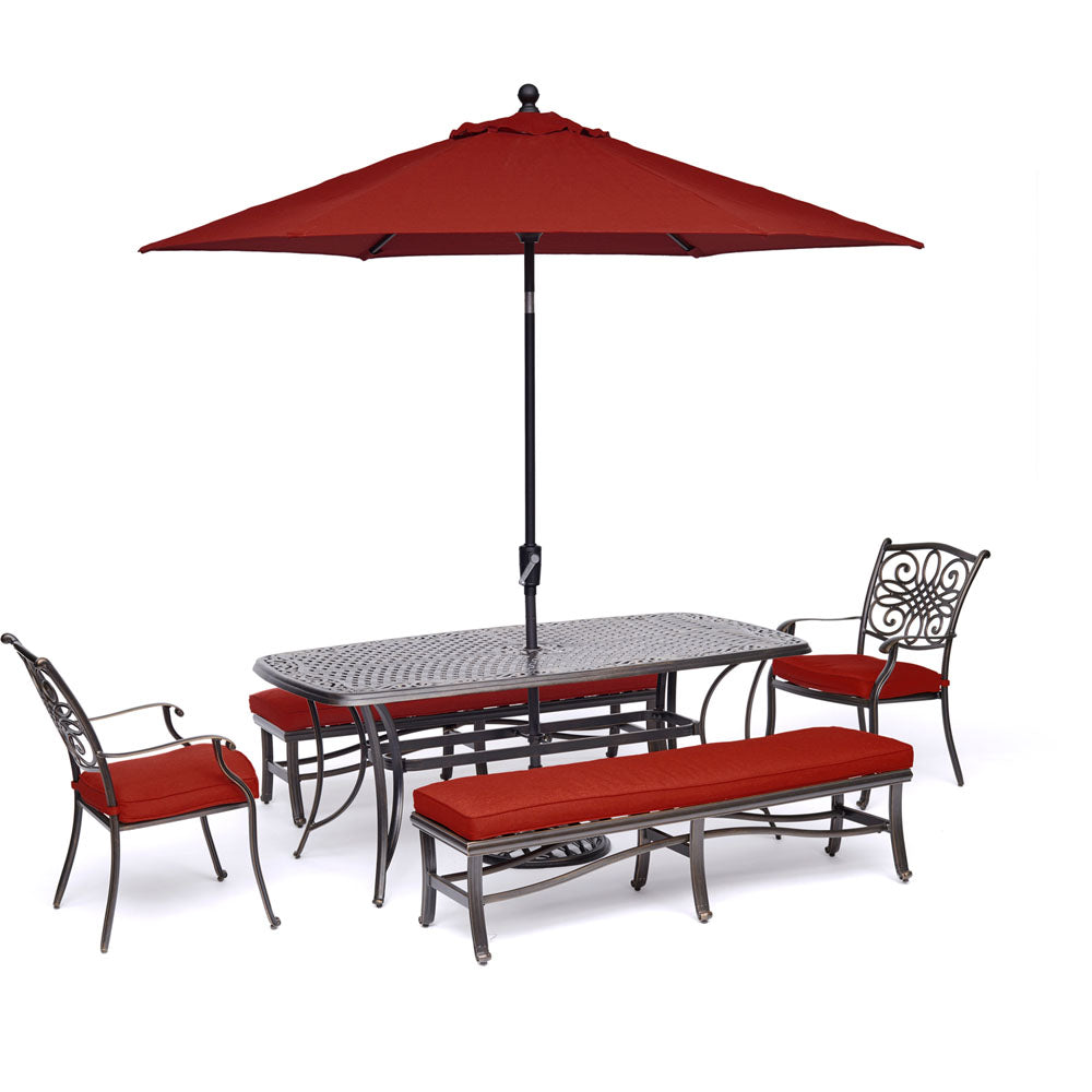 hanover-traditions-5-piece-2-dining-chairs-2-backless-bench-chairs-38x72-inch-cast-table-umbrella-base-traddn5pcbn-su-r