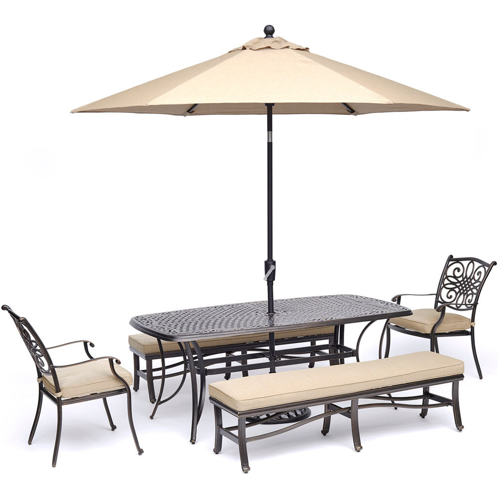 hanover-traditions-5-piece-2-dining-chairs-2-backless-bench-chairs-38x72-inch-cast-table-umbrella-base-traddn5pcbn-su-t