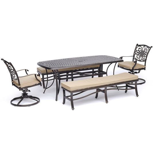 hanover-traditions-5-piece-2-swivel-rockers-2-backless-benches-38x72-inch-cast-table-traddn5pcsw2bn-tan