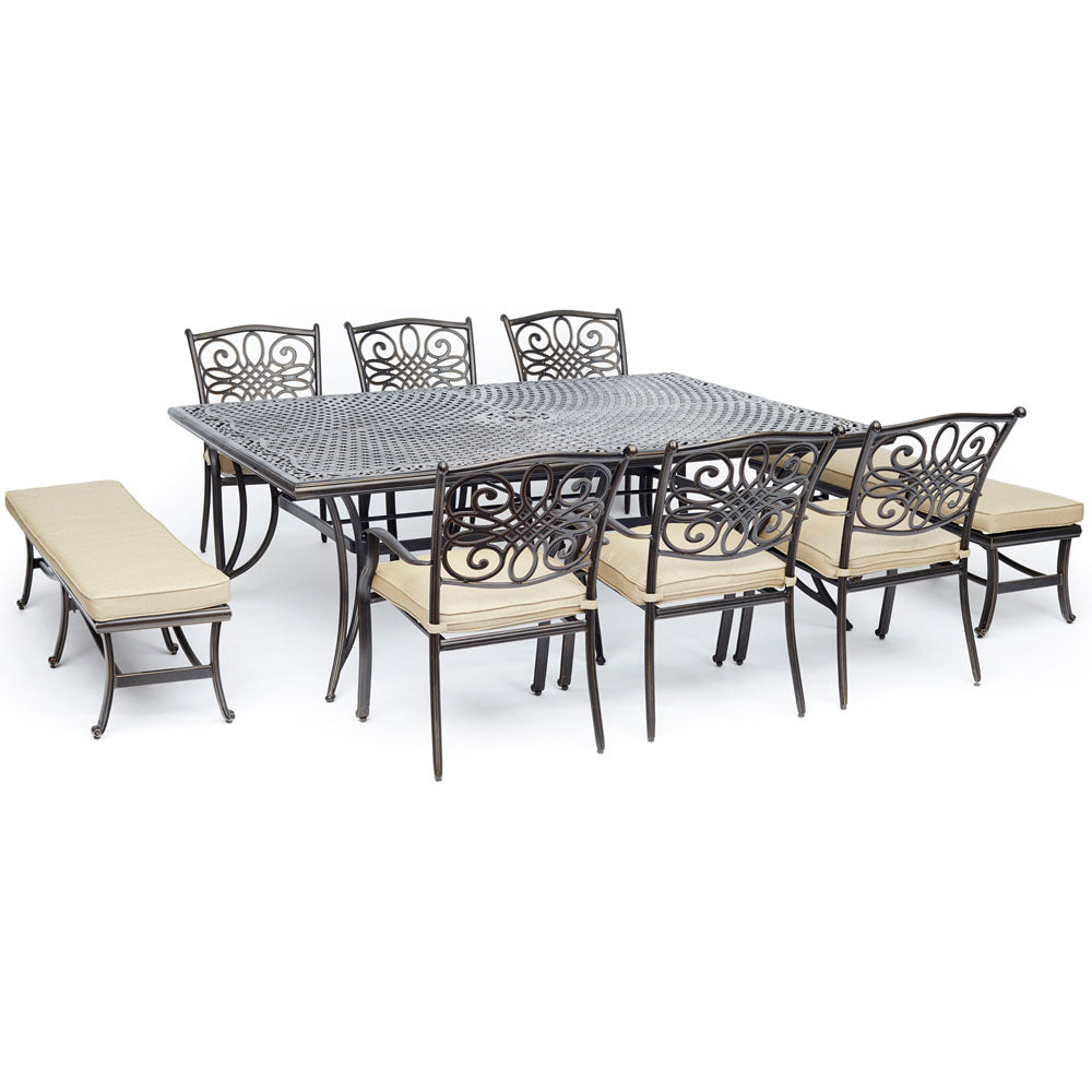 hanover-traditions-9-piece-6-dining-chairs-2-backless-bench-chairs-60x84-inch-cast-table-traddn9pcbn-tan