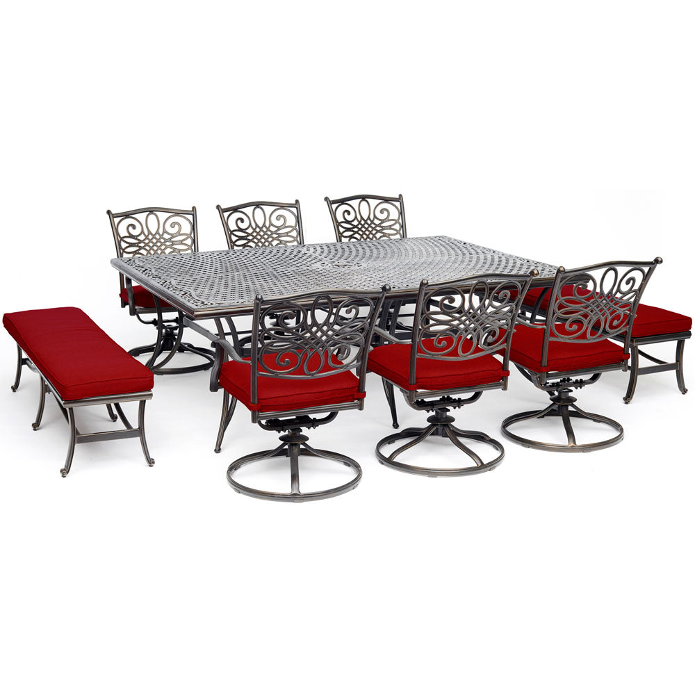 hanover-traditions-9-piece-6-swivel-rockers-2-backless-bench-chairs-60x84-inch-cast-table-traddn9pcsw6bn-red