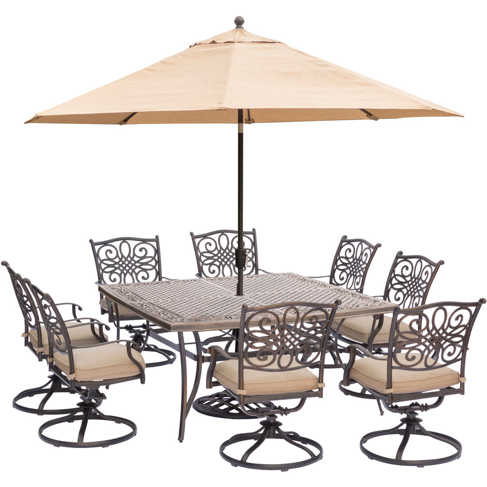 hanover-traditions-9-piece-8-swivel-rockers-60-inch-square-cast-top-table-umbrella-base-traddn9pcswsq8-su