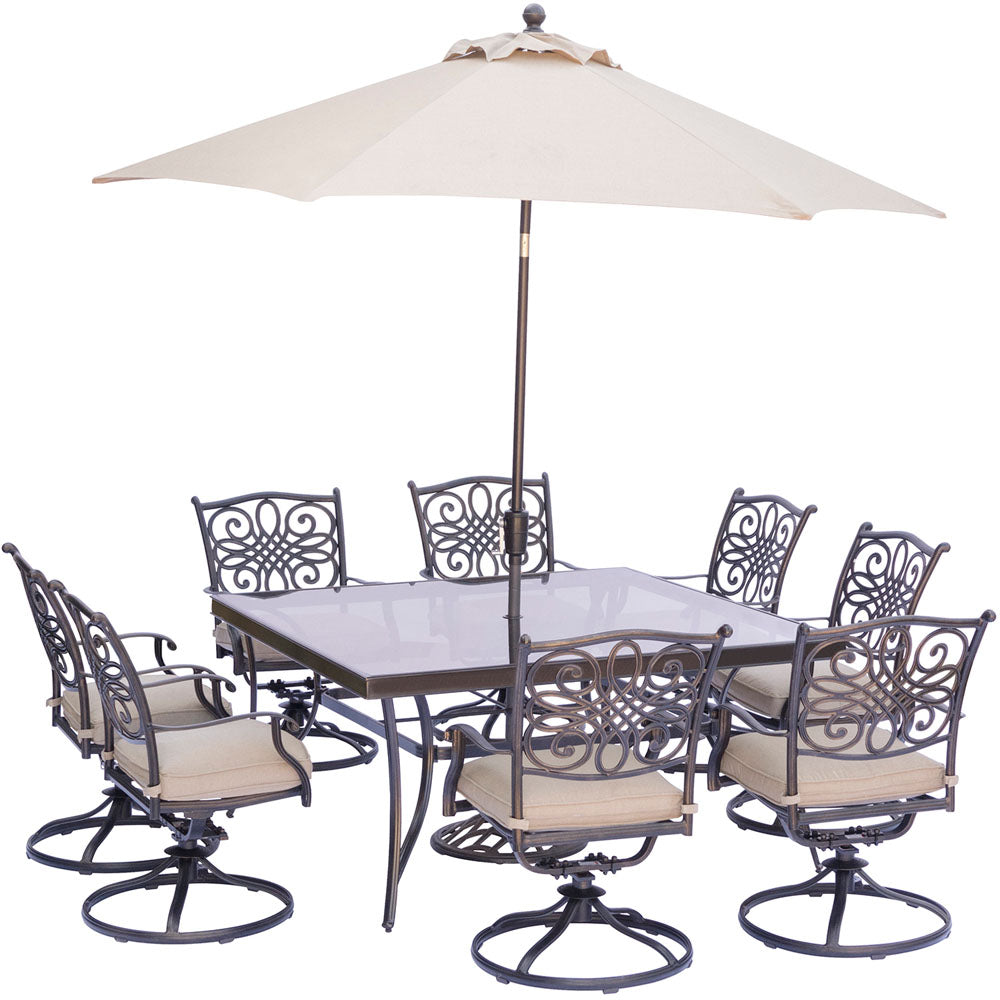hanover-traditions-9-piece-8-swivel-rockers-60-inch-square-glass-top-table-umbrella-base-traddn9pcswsqg-su