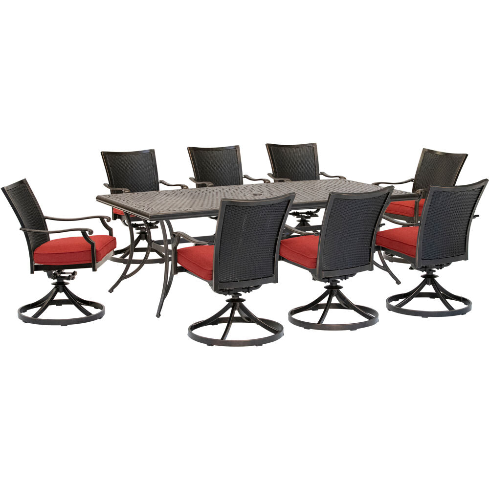 hanover-traditions-9-piece-8-wicker-back-swivel-rockers-42x84-inch-cast-table-traddnwb9pcswc-red