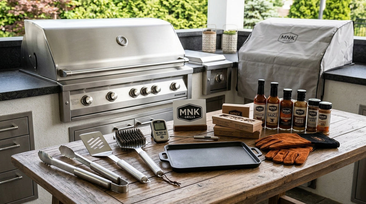 Grilling accessories on a wooden table beside a built-in stainless gas grill: tongs, spatula, grill brush, meat thermometer, cast iron griddle, sauces, rubs and leather grilling gloves.
