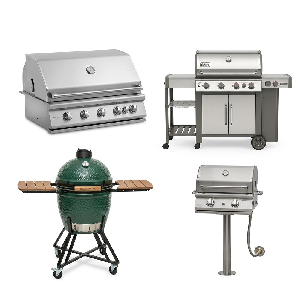 Four grills on a white background: a stainless steel built-in gas grill, a stainless freestanding gas grill on a cart, a green kamado charcoal grill with wood side shelves, and a stainless gas grill on a post mount.