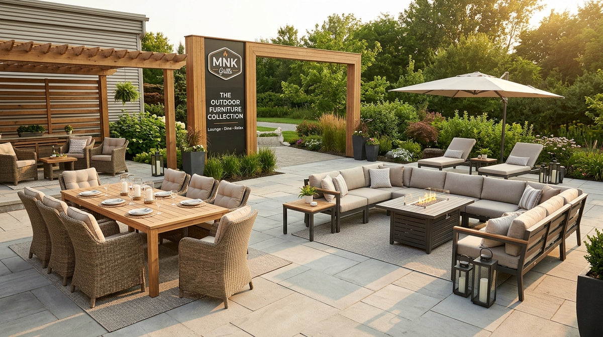 Outdoor furniture on a stone patio: a teak dining table with wicker dining chairs, a sectional sofa around a gas fire table, chaise lounges and a cantilever patio umbrella.