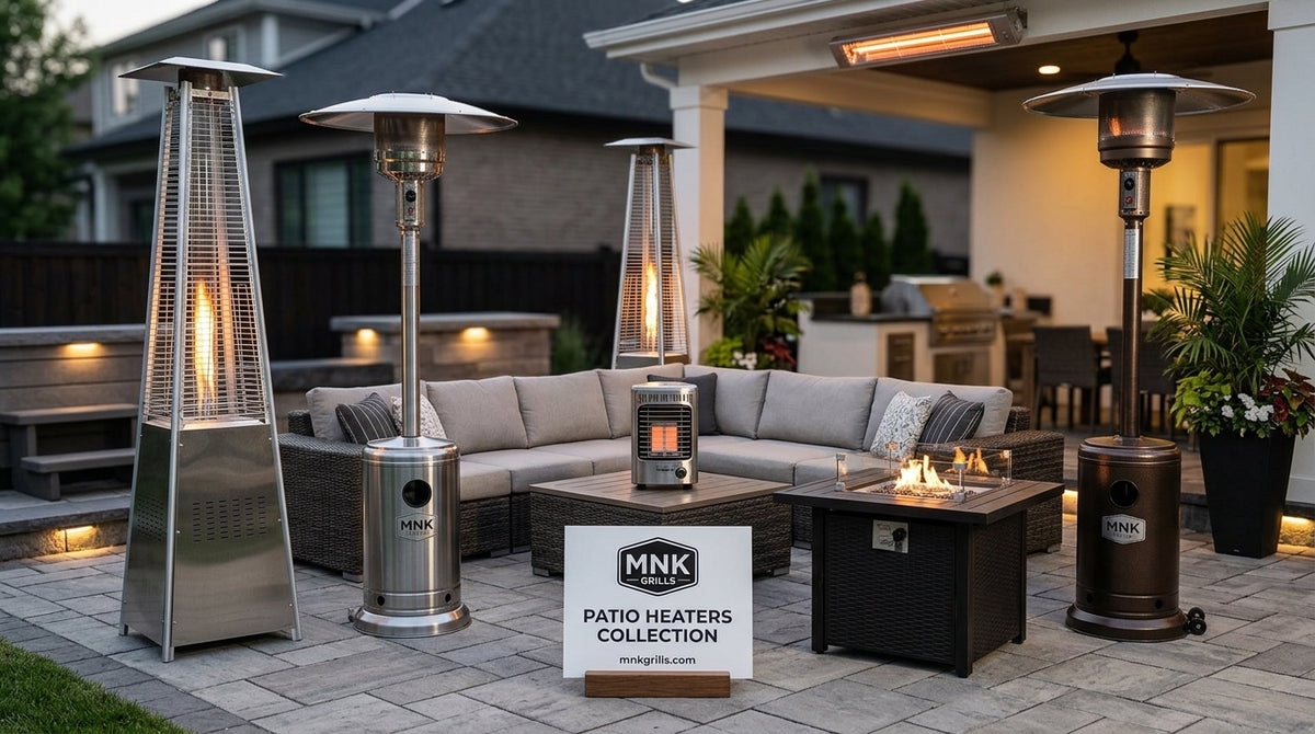 Patio heaters on a backyard patio at dusk: pyramid flame heaters, mushroom-top propane heaters, a tabletop heater and a ceiling-mounted infrared heater around an outdoor sectional and fire table.
