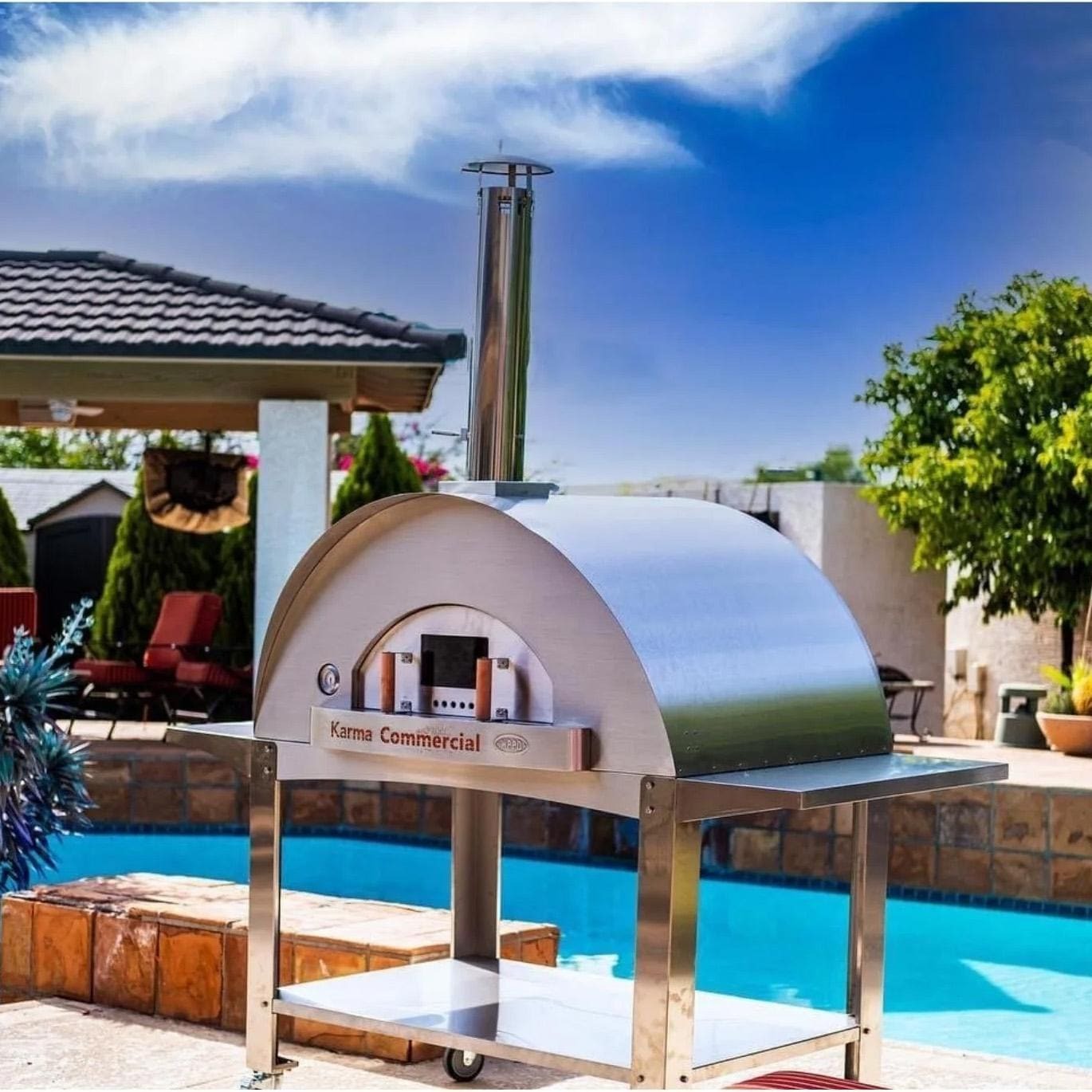 WPPO Stainless Steel Cart for Karma 55-in Wood Fired Pizza Oven - WKCT-4S - Shown w/ Oven - Lifestyle