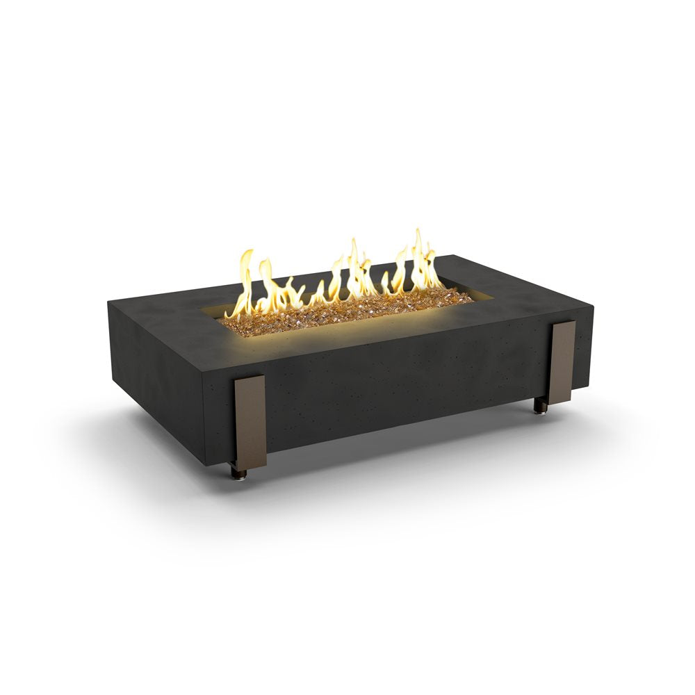 American Fyre Designs Iron Saddle Propane Fire Table in Travertine - 580-TR-11-M7PC