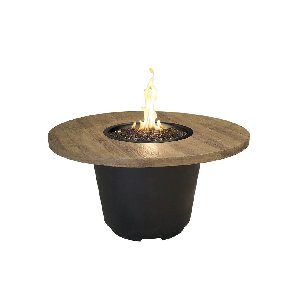 American Fyre Designs Cosmopolitan Round Natural Gas Fire Table in Black Lava Base with Reclaimed French Barrel Oak Top - 645-BA-FO-M2NC
