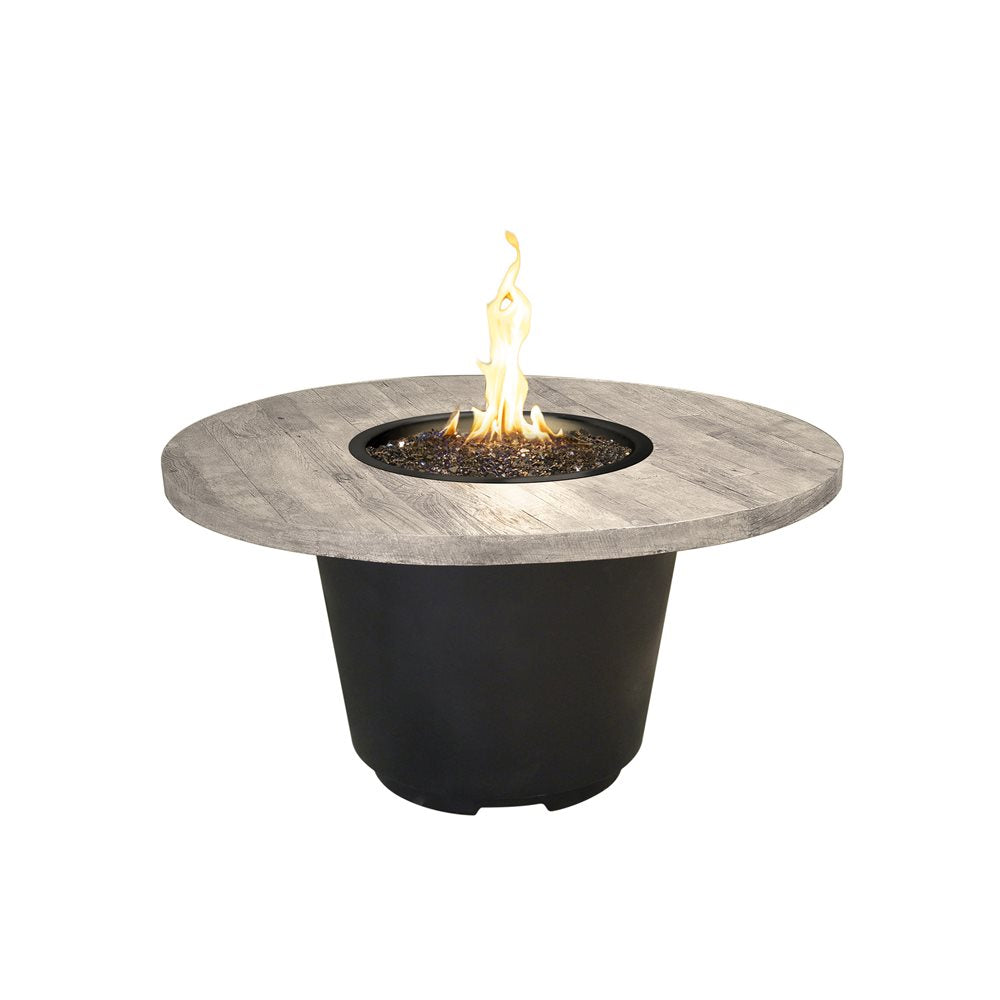 American Fyre Designs Cosmopolitan Round Natural Gas Fire Table in Black Lava Base with Reclaimed Silver Pine Top - 645-BA-SP-M2NC