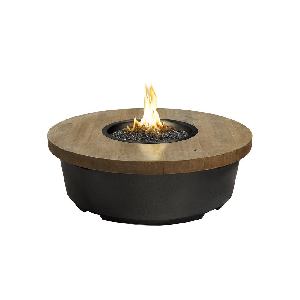 American Fyre Designs Contempo Round Natural Gas Fire Table in Black Lava Base with Reclaimed French Barrel Oak Top - 782-BA-FO-M2NC