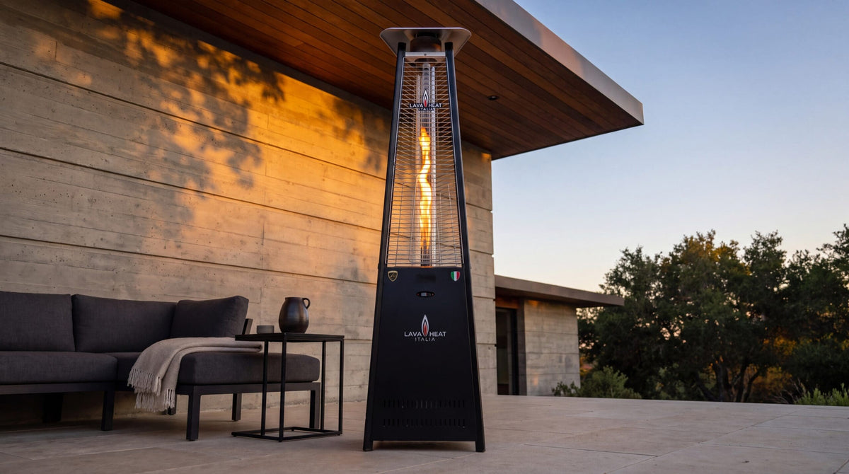 Lava Heat Italia 2G Flame Tower patio heater in Hammered Black – outdoor setting