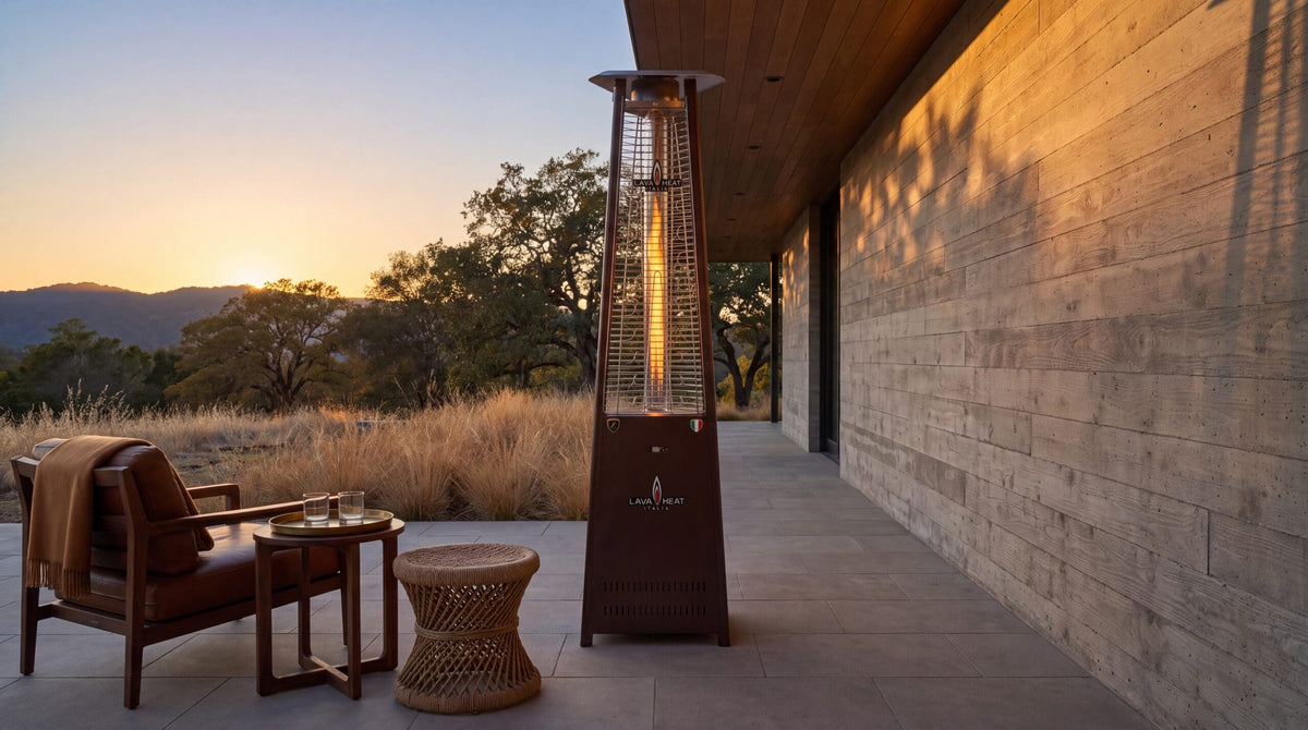 Lava Heat Italia 2G Flame Tower patio heater in Heritage Bronze – outdoor setting