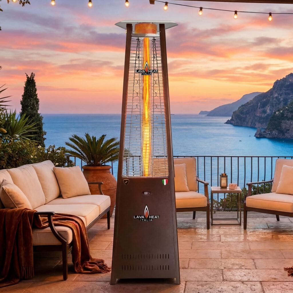 Lava Heat Lava lite Triangle Flame Tower Heater 92.5-inch 56 K BTU Electronic Ignition Hammered Black Natural Gas - AL8MGBL - Lifestyle Evening