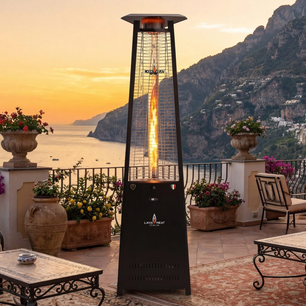 Lava Heat Lava lite KD Triangle Flame Tower Heater 92.5-inch 56 K BTU Electronic Ignition Heritage Bronze Natural Gas - AL8MGBK - Outdoor Evening