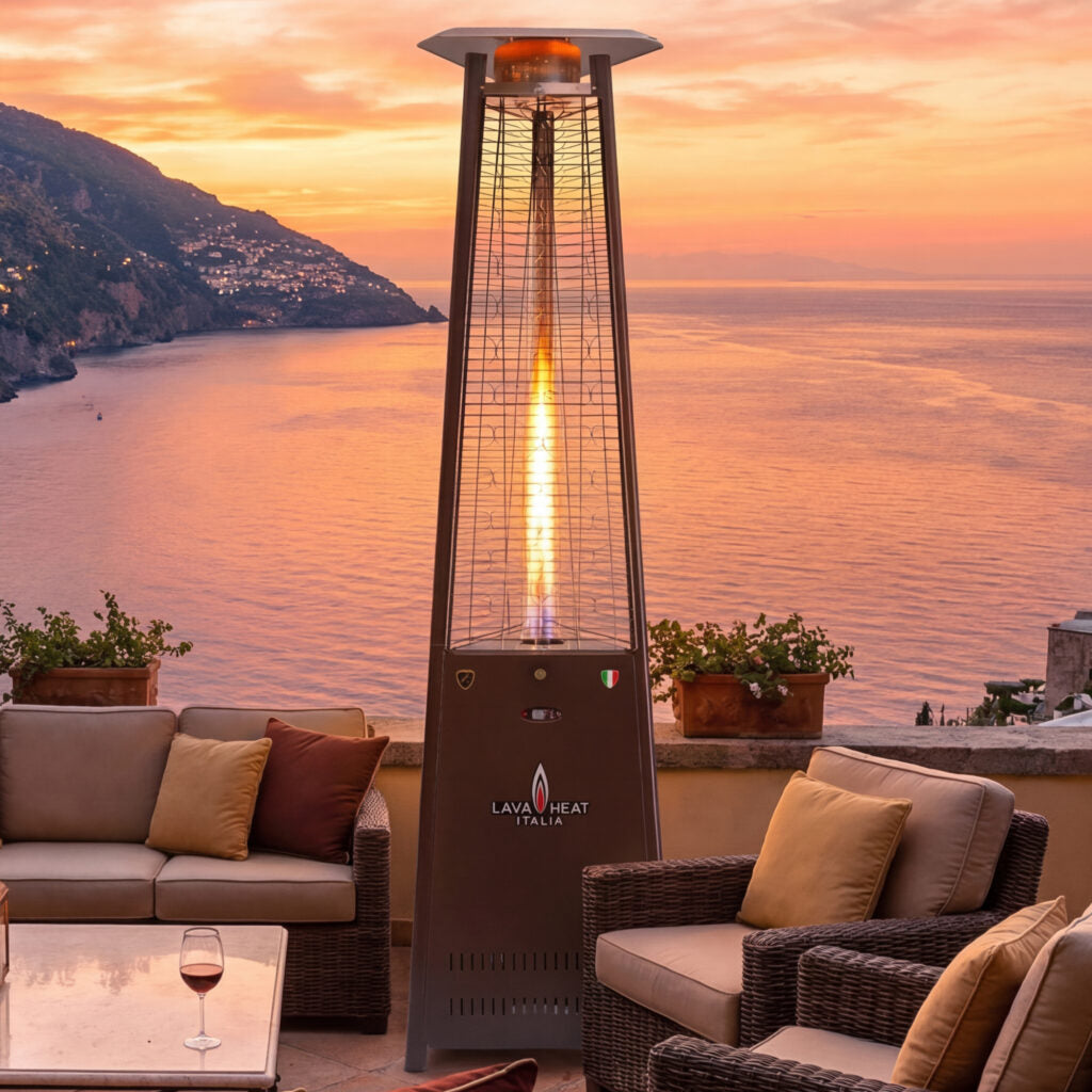 Lava Heat Lava lite KD Triangle Flame Tower Heater 92.5-inch 56 K BTU Electronic Ignition Heritage Bronze Liquid Propane - AL8MPBK - Evening View