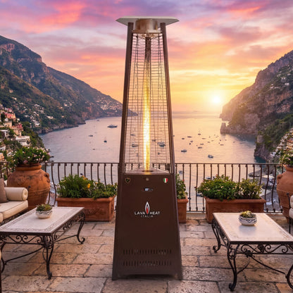 Lava Heat Lava lite KD Triangle Flame Tower Heater 92.5-inch 56 K BTU Electronic Ignition Heritage Bronze Liquid Propane - AL8MPBK - Mountains Behind 