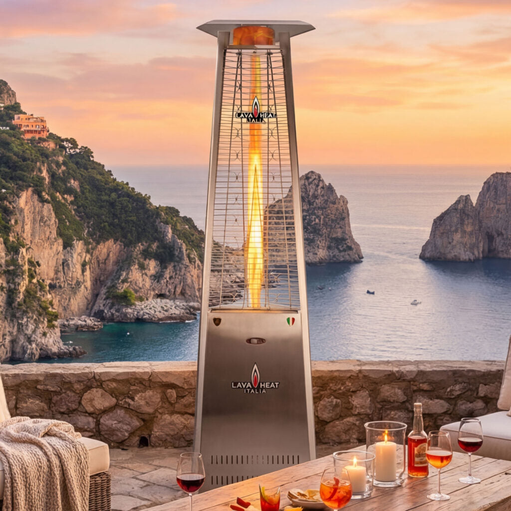 Lava Heat Lava lite KD Triangle Flame Tower Heater 92.5-inch 56 K BTU Electronic Ignition Stainless Steel Natural Gas - AL8MGSK - Evening View