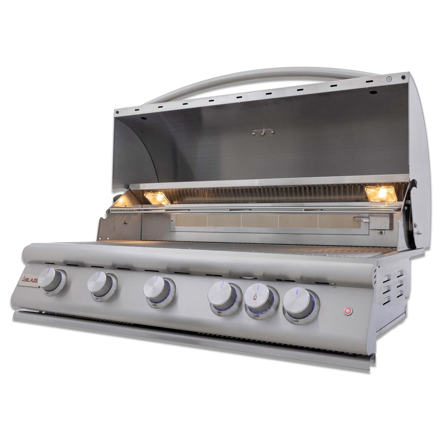 Blaze BLZ-5LTE3 Premium LTE+ 40-Inch 5-Burner Built-In Gas Grill With Rear Infrared Burner & Lift-Assist Hood - Angled View - Open 