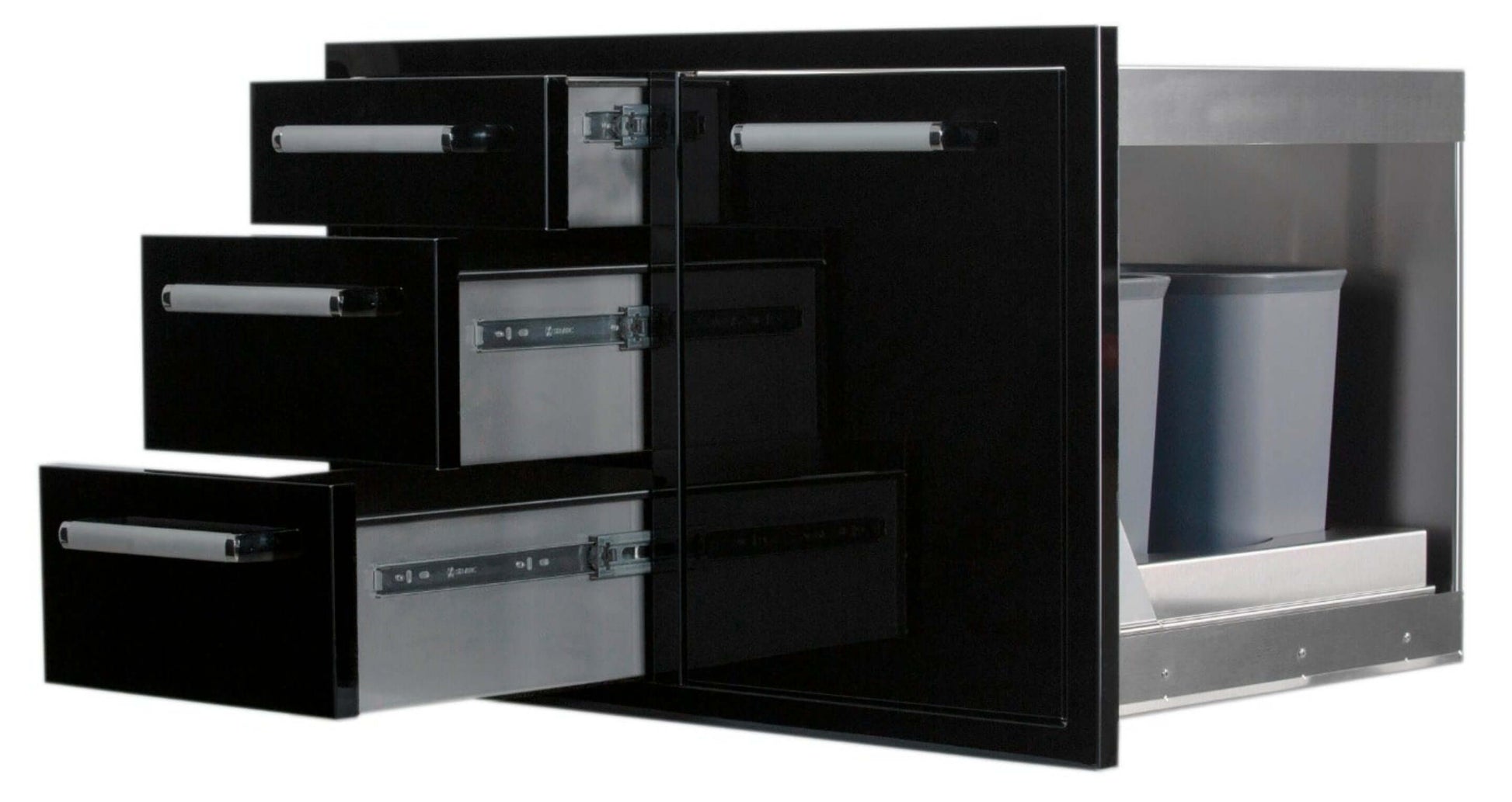 Bonfire Black Stainless Steel Outdoor Kitchen And BBQ Island Door And Triple Drawer Combo Black Series - CBATDT-B - Angled View with All Drawer Open