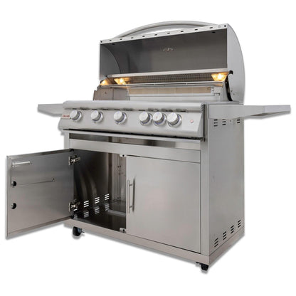 Blaze BLZ-5LTE3 Premium LTE+ 40-Inch 5-Burner Gas Grill With Rear Infrared Burner & Lift-Assist Hood - On Cart - Drawers Open - White Background