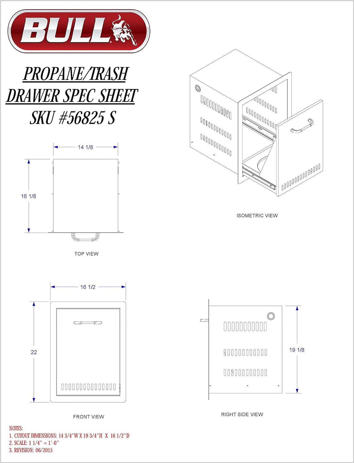 Bull BBQ Stainless Steel Propane Tank Drawer - 56825 - dimensions and revision information.