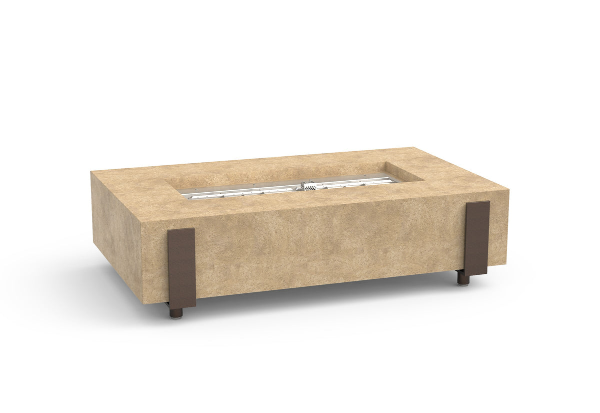 American Fyre Designs Iron Saddle Natural Gas Fire Table in Travertine - 580-TR-11-M7NC