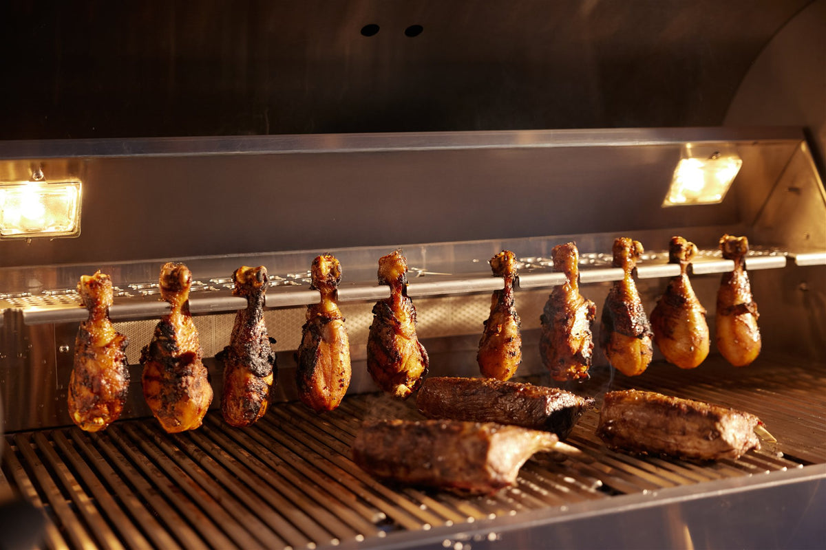 Blaze LTE PRO 40-Inch 5-Burner Built-In Gas Grill - BLZ-5LTEPRO - Rotisserie Chicken Legs and Steaks Cooking - Lifestyle