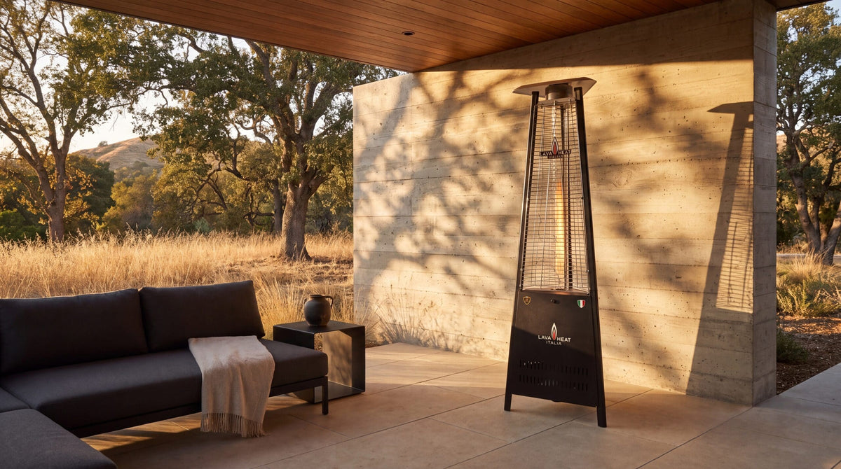 Lava Heat Italia Capri patio heater in Hammered Black – outdoor setting