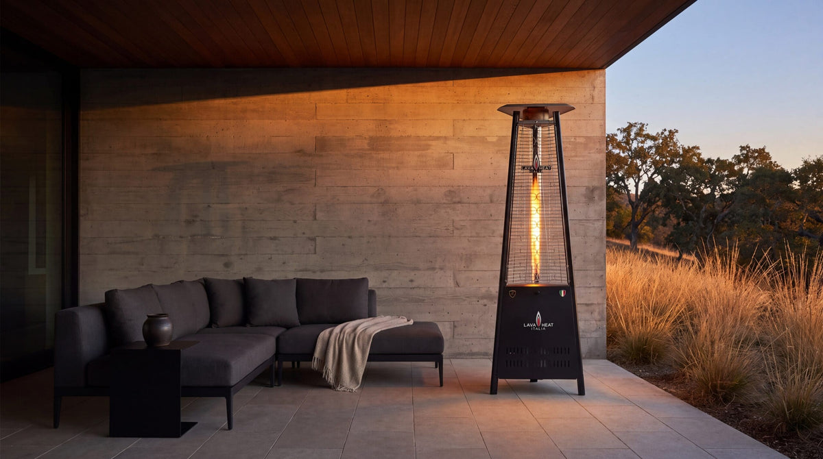 Lava Heat Italia Capri patio heater in Hammered Black – outdoor setting