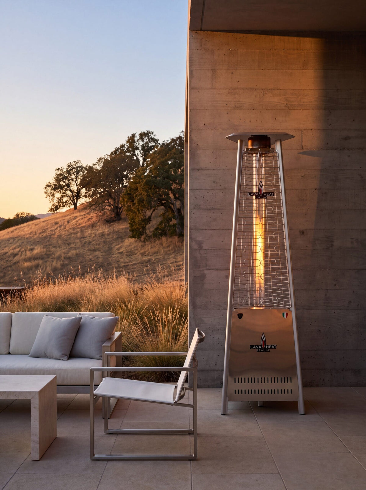 Lava Heat Italia Capri patio heater in Stainless Steel – outdoor setting