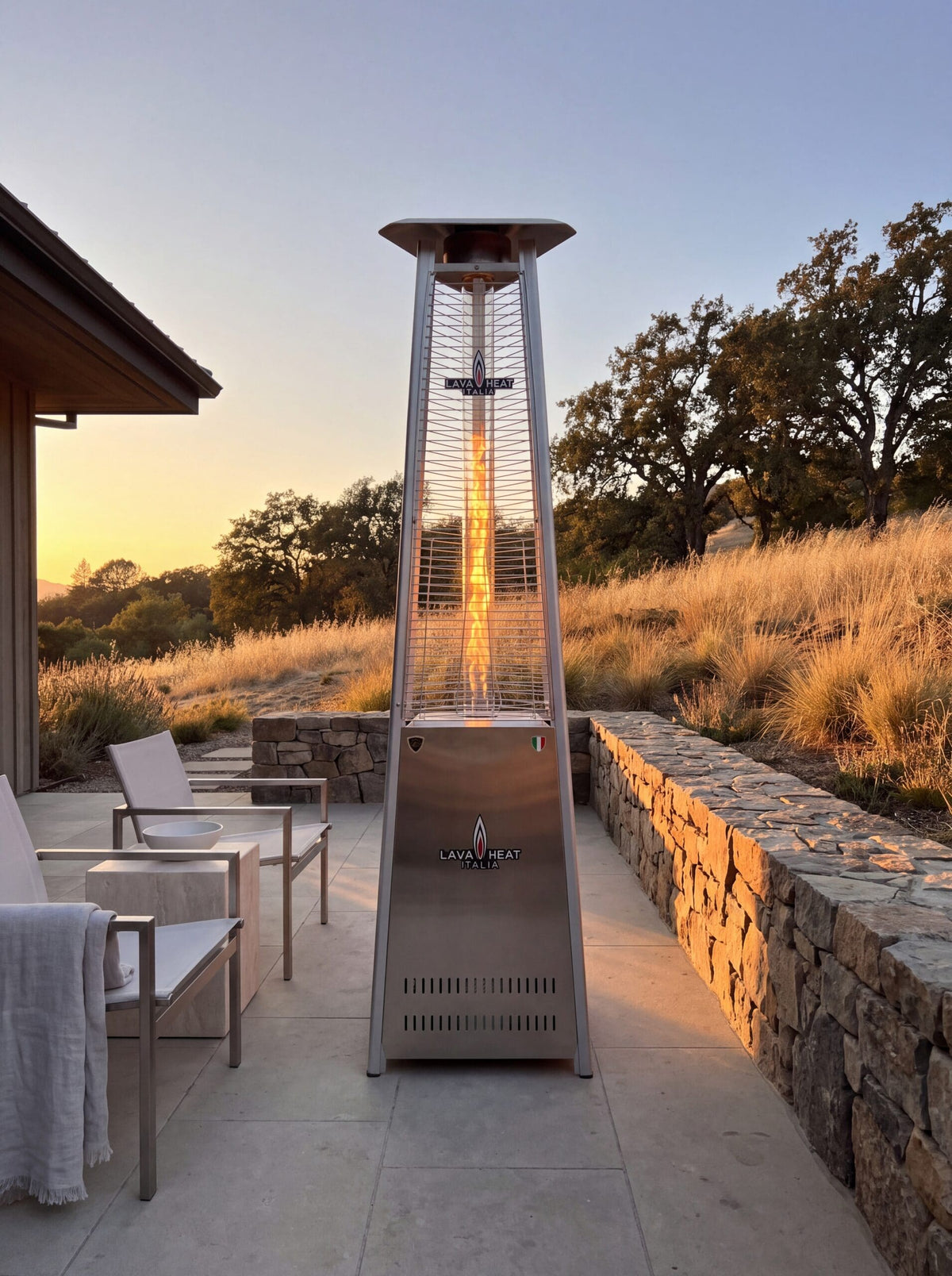 Lava Heat Italia Lava Lite patio heater in Stainless Steel – outdoor setting