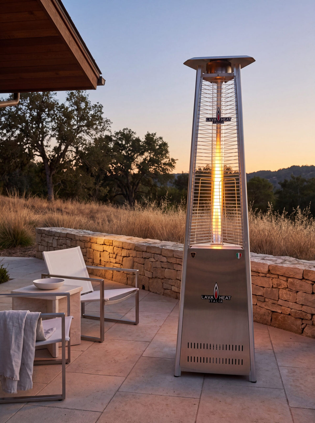 Lava Heat Italia Lava Lite patio heater in Stainless Steel – outdoor setting