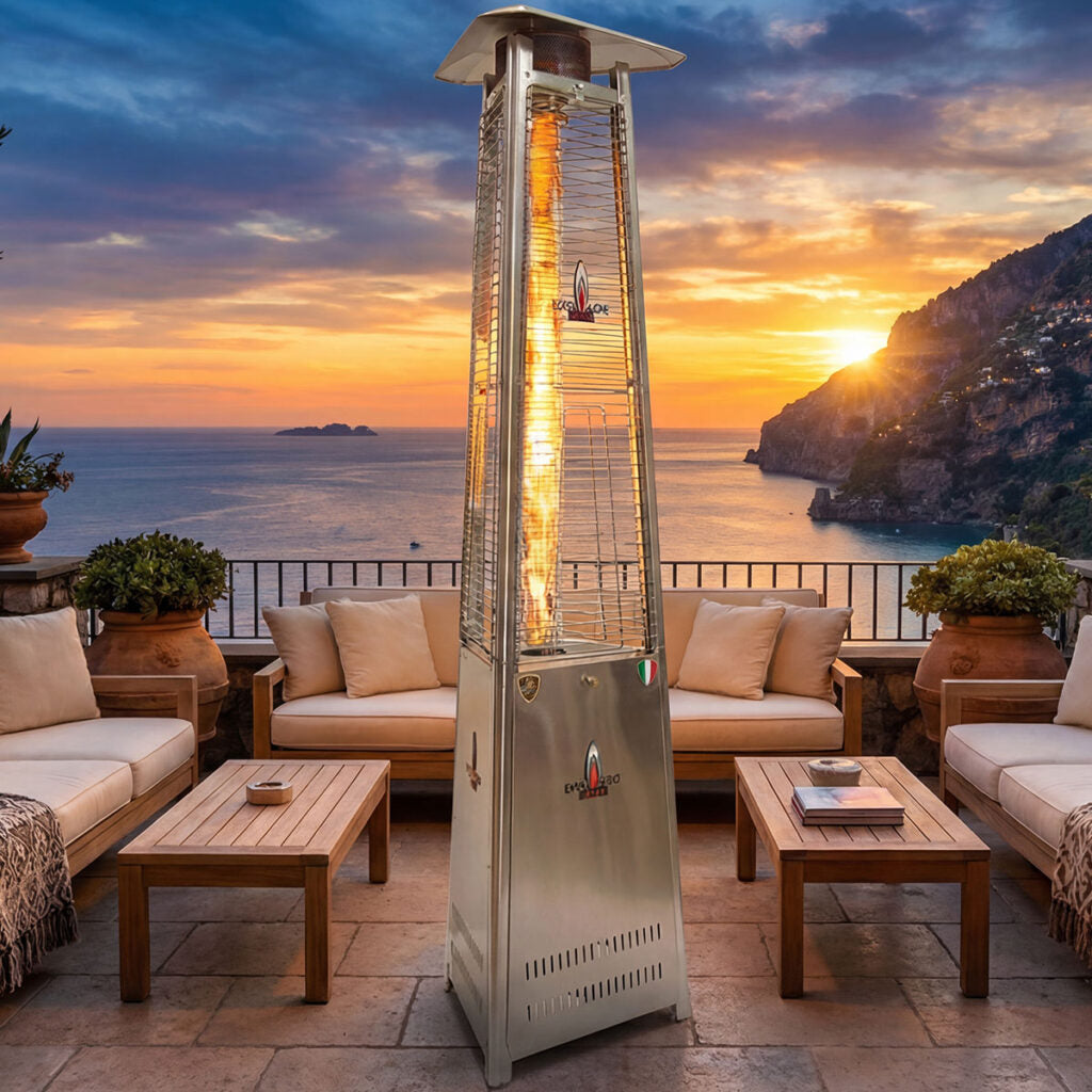 Lava Heat Lava lite Triangle Flame Tower Heater 92.5" 56 K BTU Electronic Ignition Stainless Steel Liquid Propane - AL8MPS - Evening Lifestyle View