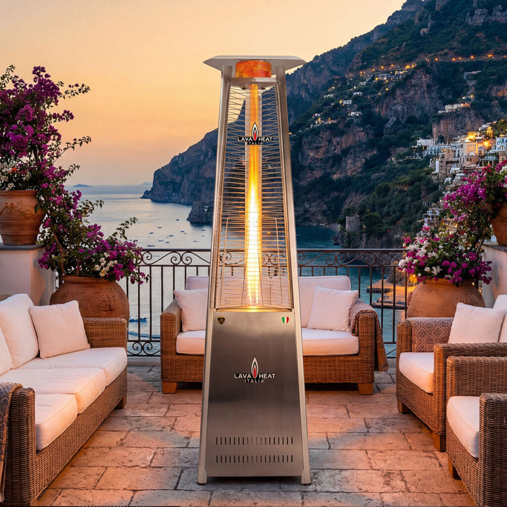 Lava Heat Lava lite KD Triangle Flame Tower Heater 92.5-inch 56 K BTU Electronic Ignition Stainless Steel Liquid Propane - AL8MPSK - Evening View