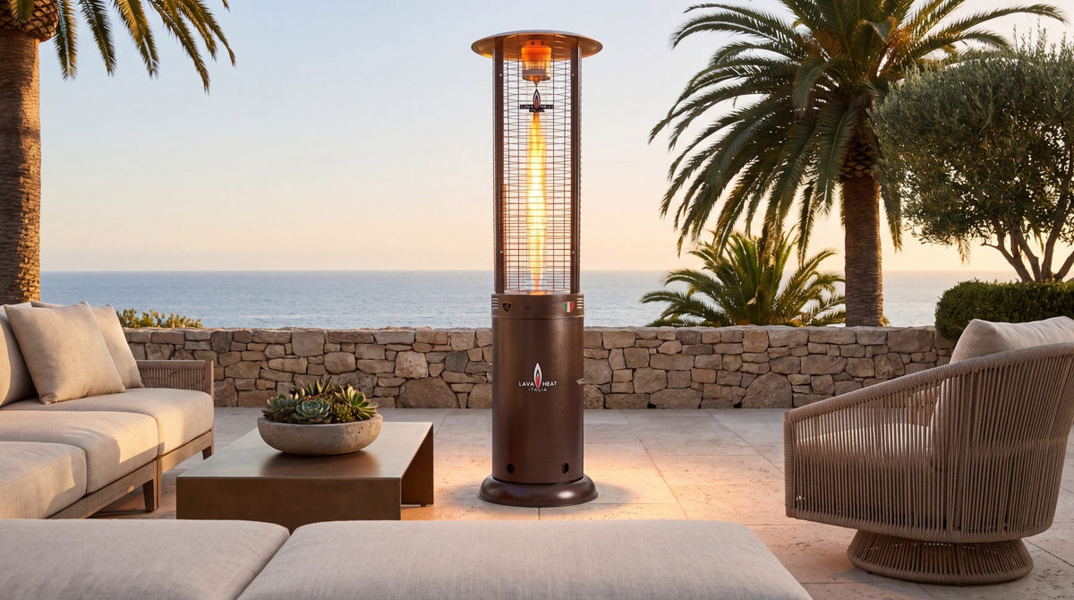 Lava Heat Italia Opus patio heater in Heritage Bronze – outdoor setting