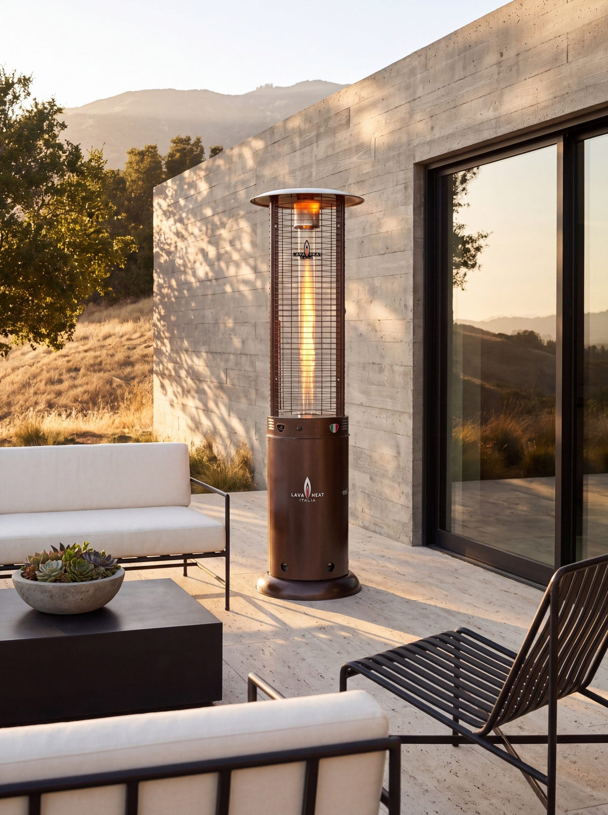 Lava Heat Italia Opus patio heater in Heritage Bronze – outdoor setting