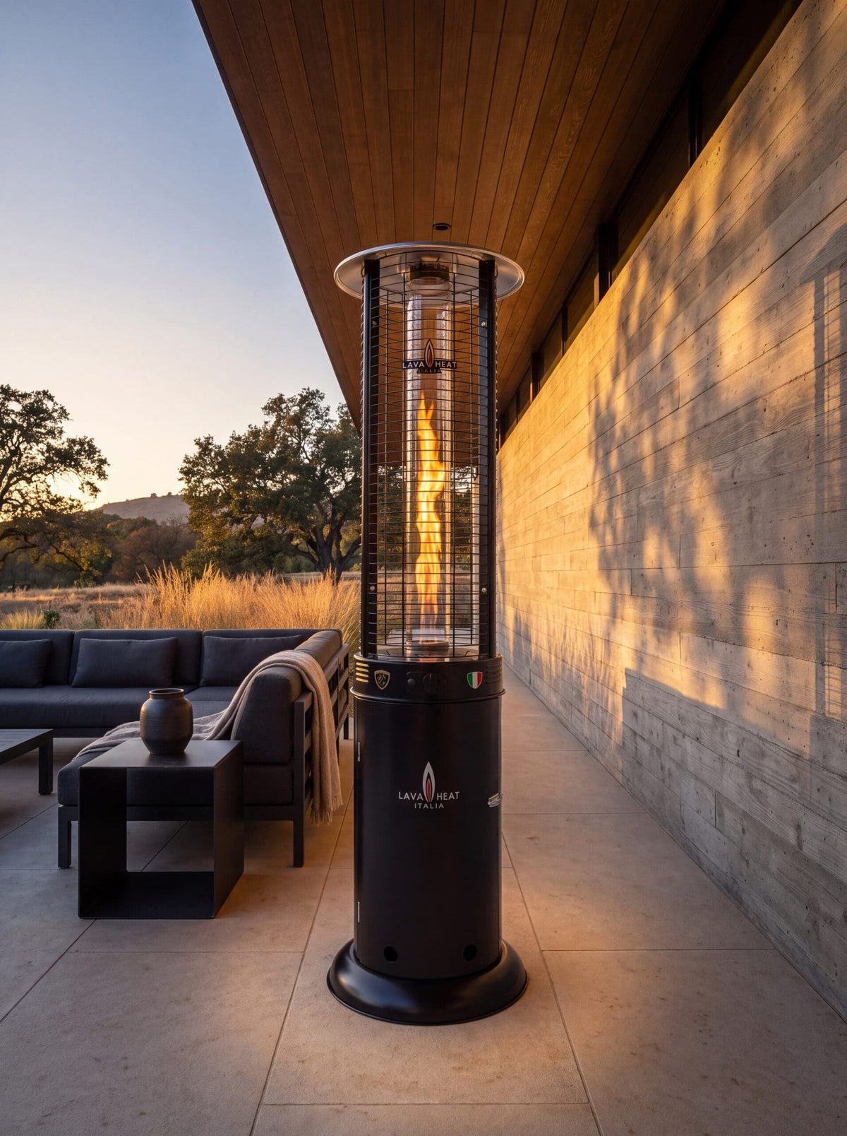 Lava Heat Italia Opus Lite patio heater in Hammered Black – outdoor setting