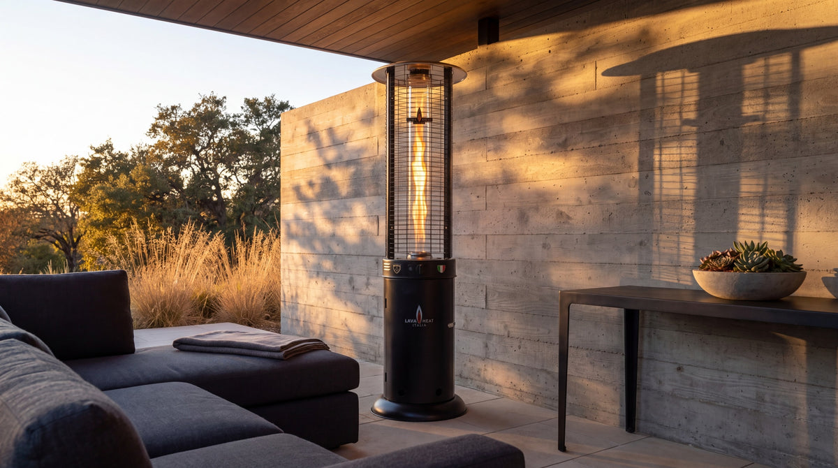 Lava Heat Italia Opus Lite patio heater in Hammered Black – outdoor setting