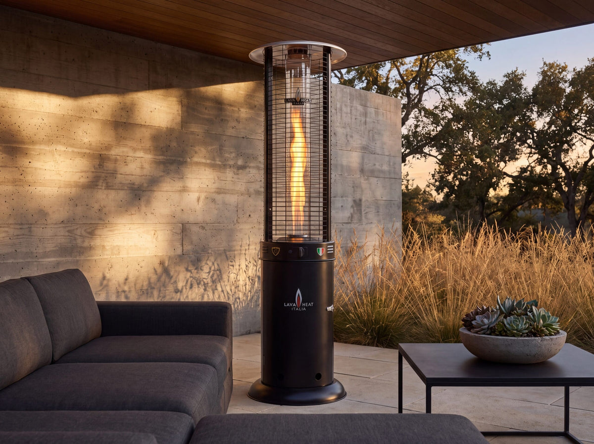 Lava Heat Italia Opus patio heater in Hammered Black – outdoor setting