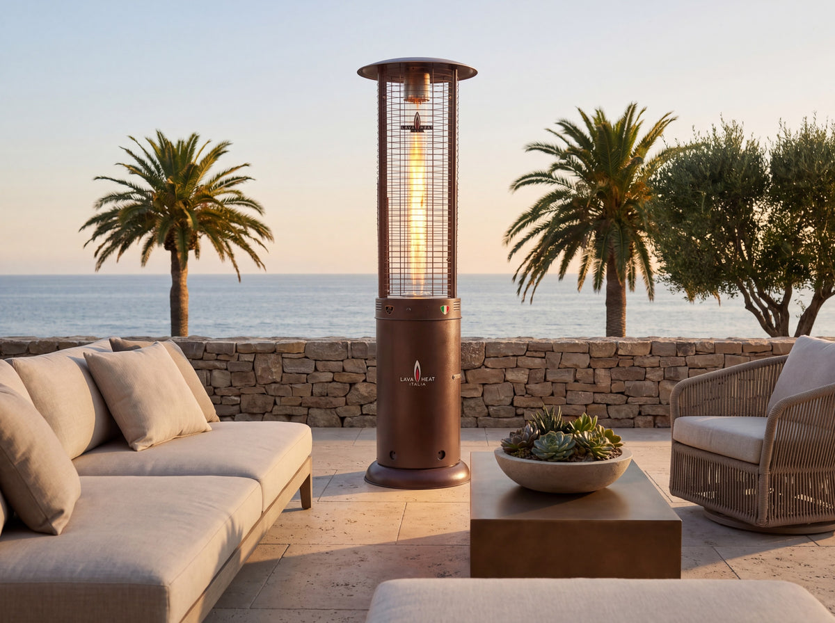 Lava Heat Italia Opus Lite patio heater in Heritage Bronze – outdoor setting