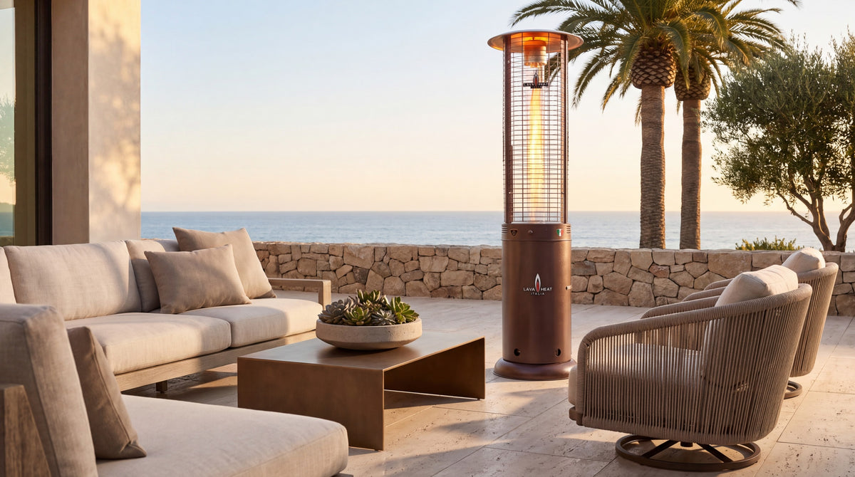 Lava Heat Italia Opus Lite patio heater in Heritage Bronze – outdoor setting