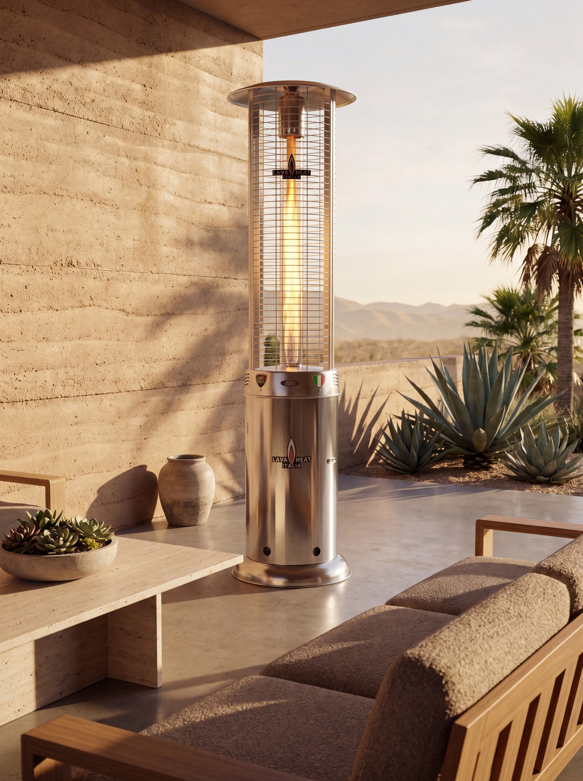 Lava Heat Italia Opus Lite patio heater in Stainless Steel – outdoor setting