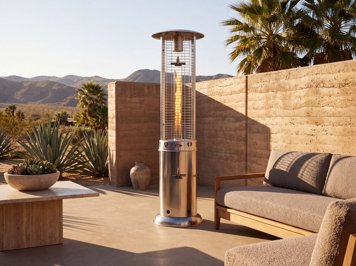 Lava Heat Italia Opus patio heater in Stainless Steel – outdoor setting