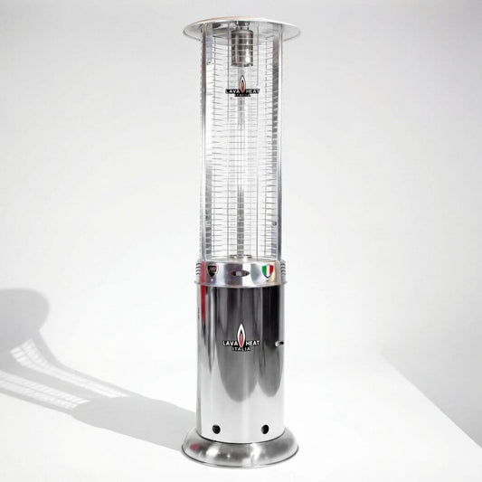 Lava Heat Opus Round Flame Tower Heater 80.5-inch 56 K BTU Remote Control Push Button Ignition Stainless Steel Natural Gas - RL7RGS - White Background