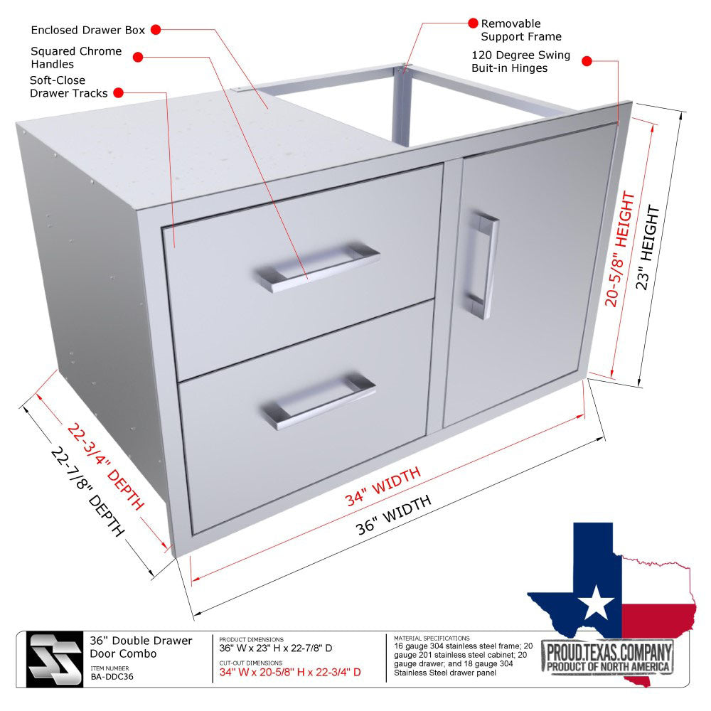 Sunstone 36" Beveled Style Double Drawer & Door Combo w/Removable Support Frame - BA-DDC36 - labeled dimensions.