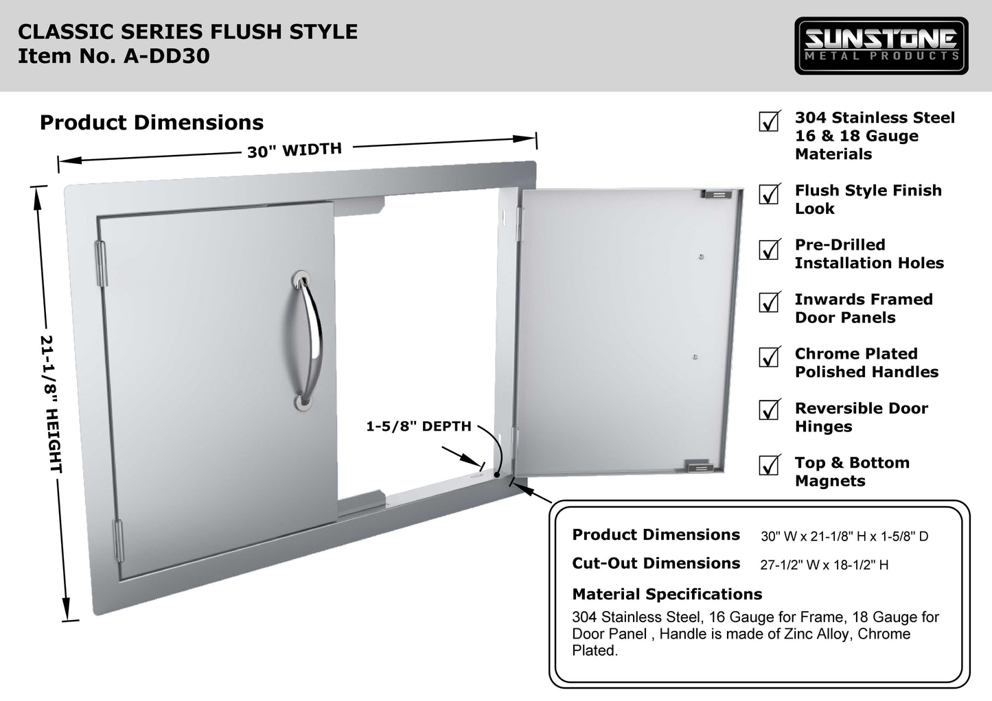 Sunstone 30" Double Door Flush Mount - A-DD30 - Diagram of flush style double door with dimensions.